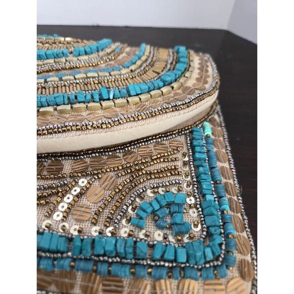 Gold & Turquoise Beaded Clutch / Crossbody Bag Gold Chain Strap Boho Western - Picture 8 of 10